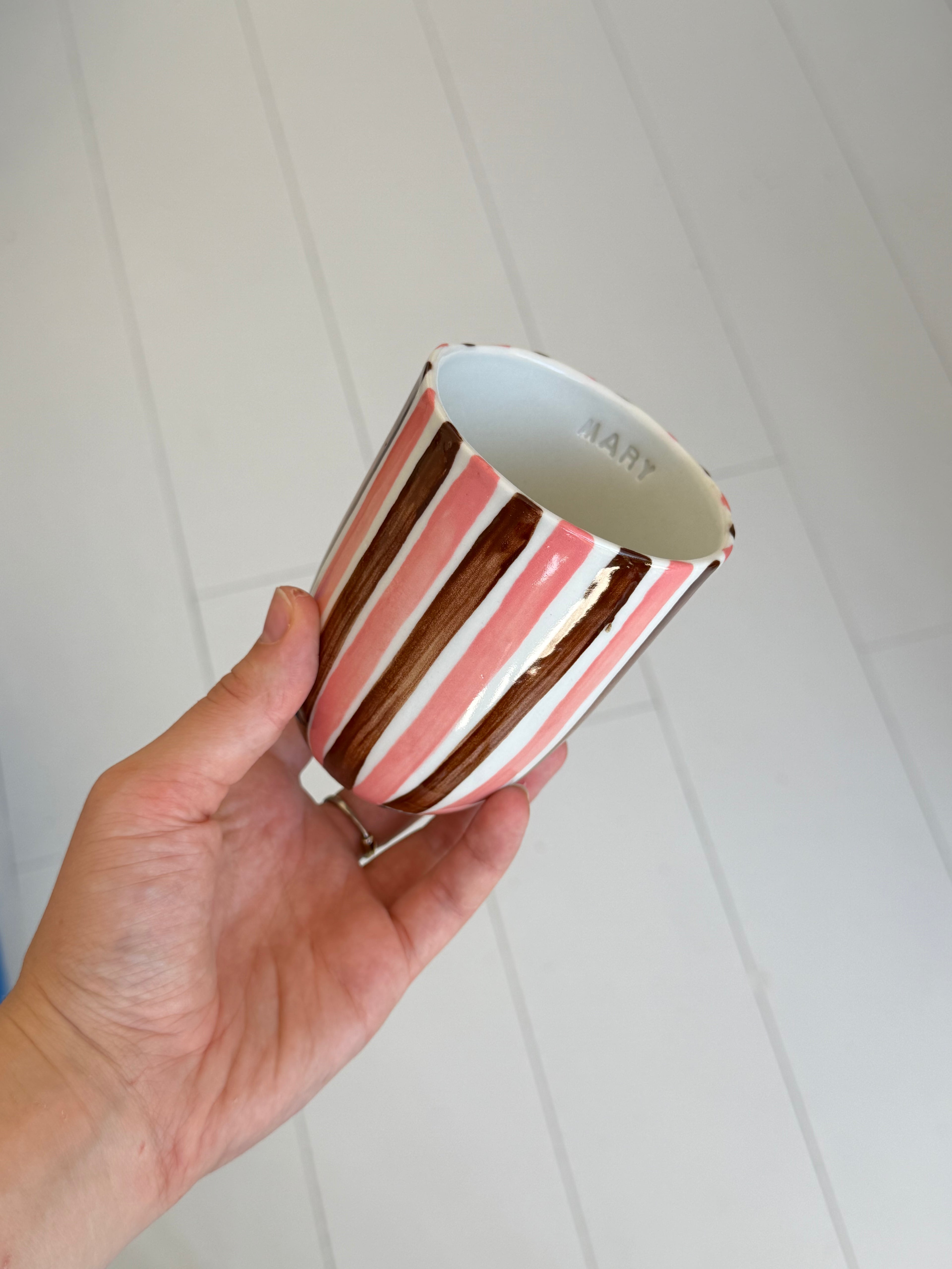 Pink and brown stripes mug - second sale