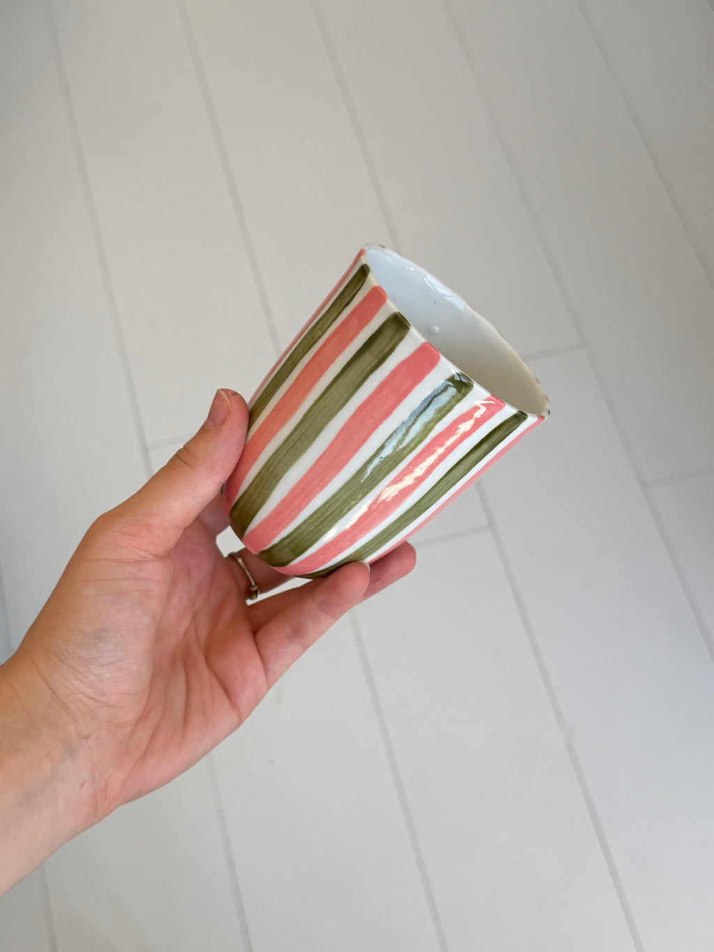Pink and green stripes mug - second sale