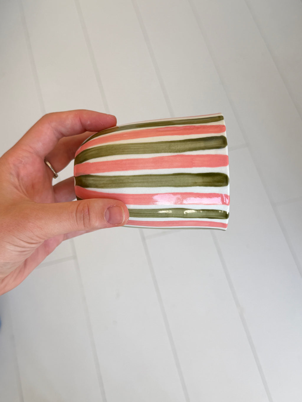 Pink and green stripes mug - second sale